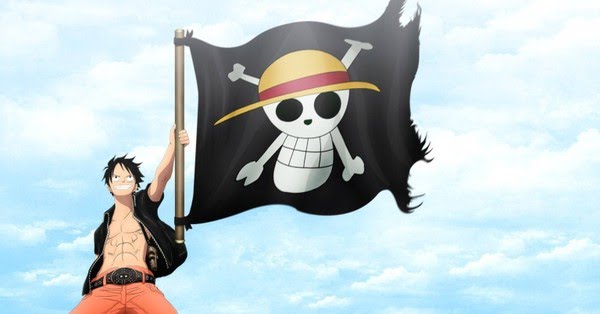 Luffy segurando a bandeira Jolly Roger — One Piece